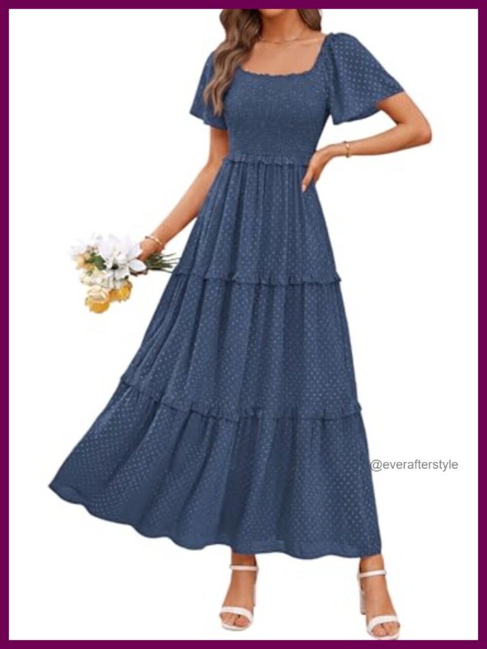 Boho Maxi Dress Smocked Swiss Dot Flowy Tiered A-Line